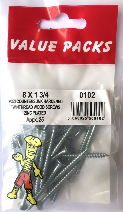 8 x 13/4“ TwinThread WoodScrews Pozi Countersunk Zinc - 25/PK (Approx) (0102 - T08X175)