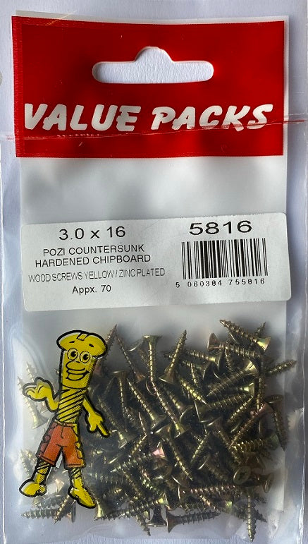 3.0 x 16 ChipBoard Screws Pozi Countersunk Yellow Plated - 70/PK (Approx) (5816 - C30X16)