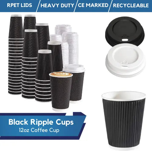 Disposable Coffee Cups Black Ripple Paper Cup For Hot And Cold Drink With Lid 12oz