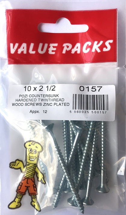 10 x 2 1/2“ TwinThread WoodScrews Pozi Countersunk Zinc - 18/PK (Approx) (0157 - T10X250)