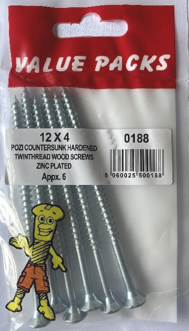 12 x 4“ TwinThread WoodScrews Pozi Countersunk Zinc - 6/PK (Approx) (0188 - T12X400)