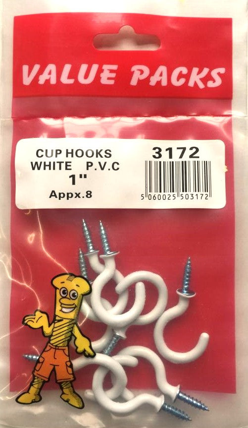 1" White PVC Cup Hooks - 8/PK (Approx) (3172 - CHW100)